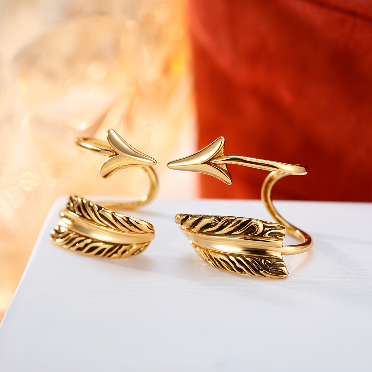 Women's Copper Feather Design Ear Clips with Synthetic Zirconia Inlay